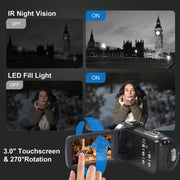 Keculbo Video Camera, 8K UHD, 64MP Photos, 18x Digital Zoom, WiFi, IR Night Vision, 3-Inch Flip Touchscreen, Black, VD-106