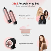 RACCOMB Salon 3 in 1 Hair Styler High-Speed Blow Dryer Brush with Auto-Wrap Curlers, Black and Rose