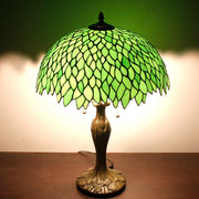 Werfactory Tiffany Style Table Lamp with Handcrafted Green Wisteria Stained Glass Shade, Bronze Antique Zinc Base, 16 in Wide, 24 in Tall, 2 LED Lights, Pull Chain Switch, S52316T01