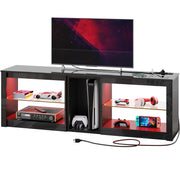 Bestier TV Stand for 70 inch TV with Power Outlets, LED Lights & Glass Shelves, Glossy Black - High Gloss