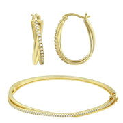 Brilliance Fine Jewelry 26475001 14KT Gold Plated Sterling Silver Round Simulated Diamond Bangle and Earring Set