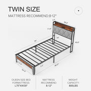 EDX Twin Bed Frame with Cushioned Headboard, Integrated Charging Station, Adjustable Height, Gray Wood Finish, Spacious Underbed Storage