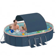Liyufly Foldable Above Ground Kiddie Pool with Canopy Sunshade, Metal Steel Frame, Oval, 105in, Blue