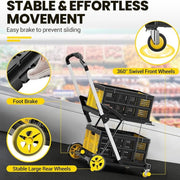 Rvchic Functional Collapsible Cart with 2 Waterproof Storage Crates, 8-in-1 Mobile Folding Trolley, 360 Rolling Wheels, Adjustable Handle, Yellow