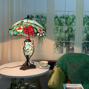 Bieye L10738 Rose Flower Tiffany Style Stained Glass Table Lamp with 16-inch Wide Lampshade Lighted Base, 24-inch Tall