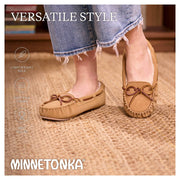 Minnetonka Cally Women's Slipper, Cinnamon Suede, Faux Fur Lined, Moccasin Toe, Leather Tie, Thin Rubber Outsole, Size 9