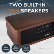 SoundBeast Stereo Shelf System, 7-in-1 Audio with CD Player, Bluetooth, FM Radio, USB Playback, Aux and Optical Inputs, Alarm Clock, Brown, CD25