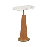 Beautiful Blyth Drink Table, White Marble-Look Top, Cherry Wood Base with Gold Metal Accent, Oval Shape, Mid-Century Modern