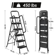 PhiloDeco 5 Step Folding Ladder, Steel Frame, Anti-Slip Pedals, Tool Tray, Foldable, Lightweight, Supports 450lb