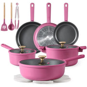 Carote Kitchen Cookware Sets, Nonstick Pots and Pans Set, Induction Cookware, 17 Pcs, Rose Pink