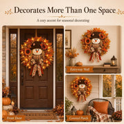 Generic Fall Wreath with Scarecrow, Sunflowers, Maple Leaves, Warm LED Lights, Burlap Bow, 20 Inch