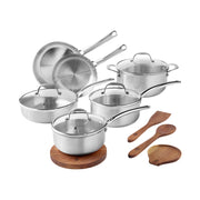 The Pioneer Woman 14-Piece Stainless Steel Cookware Set, Induction Compatible, Glass Lids, Acacia Wood Utensils, Dishwasher Safe