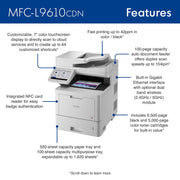 Brother Color Laser All-in-One Printer, 42ppm Color and Mono, 2400 x 600 dpi, 7-Inch Touchscreen, Large Scalable Paper Capacity, MFC-L9610CDN