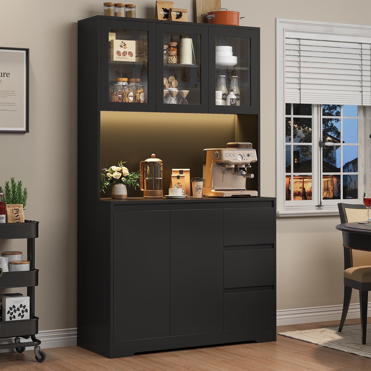 Homfa FPB-368 Kitchen Pantry Cabinet with Charging Station and LED Lig ...