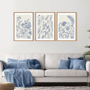 HPINUB Classic Chinoiserie Floral Framed Canvas Wall Art Set, Blue and White Watercolor Botanical Flowers, Navy Blue Minimalist, 16x24 in, Set of 3