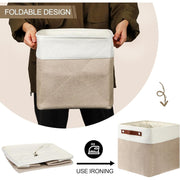 Unbranded 10 Pcs Collapsible Linen Storage Bins with Metal Handles, Foldable Fabric Rectangle Organizer for Home Closet Nursery, Beige and White, 12 x 12 x 12 in