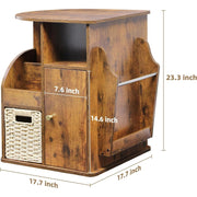 TooCust Rotating End Table with 8 Storage Compartments, Magazine Rack, Woven Basket, Magnetic Cabinet, Rustic Brown