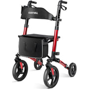 Cosywill Foldable Rollator Mobility Walker with Adjustable Handles and Backrest, 10-Inch Wheels, Memory Foam Seat, Light Red