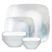 Corelle Vitrelle Aquarello 16 Pc Square Glass Dinnerware Set, Marbled Blue Pattern, Service for 4, 1151684
