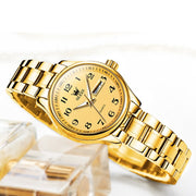 OLEVS 5567 Ladies Quartz Wrist Watch, Two-Tone Gold Plated Stainless Steel, Analog Quartz Movement, Digital Date Display, Luminous Hands, Waterproof