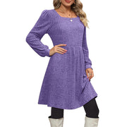 SHINE UP Womens Fall Dress, Square Neck, Long Puff Sleeves, High Empire Waist, Knee Length, Purple, Loose Fit with Pockets