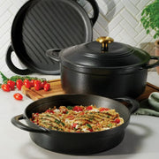 Tramontina 4-Piece Stackable Enamel Cast Iron Cookware Set, Matte Black/Gold Knob