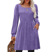 SHINE UP Womens Fall Dress, Square Neck, Long Puff Sleeves, High Empire Waist, Knee Length, Purple, Loose Fit with Pockets