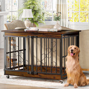 COZYPAWS Bel Ark 48 Inch Furniture Style Dog Crate, Extra Large, Double Doors, Heavy Duty Steel Frame with Retro Wood Finish, 360 Caster Wheels, Indoor Dog Kennel, Brown