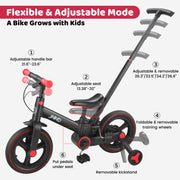 JMMD Toddler Bike, 6 in 1 Foldable Kids Bike with Push Handle, Training Wheels, Pedals, Adjustable Seat, Single Hand Brake, Black, S900Black