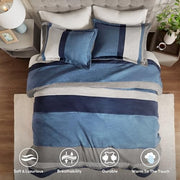 Comfort Spaces Highland Stripe Pieced Faux Suede Comforter Set, Blue, King Size & California King, 3 Piece Luxe Microsuede Bedding AM10-0027