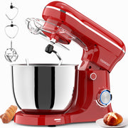 Trimeko TR-1577 5.5QT Tilt-Head Stand Mixer with Bowl, Dough Hook, Whisk & Beater, 3-in-1 Function, Red