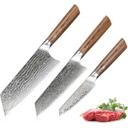 HAOYUE Damascus Kitchen Knife Set, 3 Pieces, Japanese Style, 67 Layer Forged VG10 Steel Blades, Lightweight Wood Ergonomic Handle