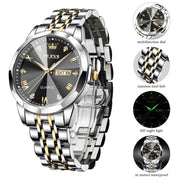OLEVS 9931 Men's Analog Dress Watch, Diamond Roman Numeral Markers, Two Tone Stainless Steel, Dual Calendar, Water Resistant, 41mm