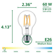 Philips Ultra Efficient LED Light Bulb, 60W Equivalent, A19, Soft White 2700K, Dimmable, Clear Frosted, E26 Base, 4-Pack, 592436