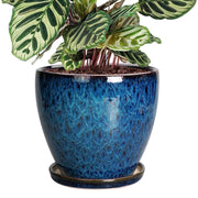 Ordivic 8 Inch Blue Ceramic Planter with Reactive Glaze, Drainage Hole, and Matching Saucer