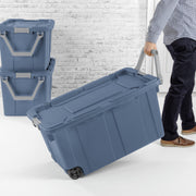 Sterilite Extra-Large Wheeled Industrial Storage Bin, 40 Gallon Durable Plastic Tote with Latching Lid and Pull Handle, Blue, 2 Pack 1469-8P