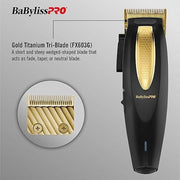 BaBylissPRO LithiumFX Gold Hair Clipper, Cord/Cordless, 5-Position Taper Control, Gold Titanium Tri-Blade, 2-Hour Lithium-Ion Battery, Ergonomic Grip, Black Gold, FX673NS