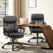 HeroSet Leather Office Chair, Ergonomic Desk Chair with Lumbar Support, Soft Headrest, Thick Seat Cushion, Black, HS-9144D-BK