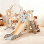 Zimeng 6 in 1 Toddler Slide and Swing Set, Indoor Outdoor Playground Playset, Beige Blue, HDPE Plastic, Includes Slide, Swing, Basketball Hoop, Storage Basket, 3-Story Staircase