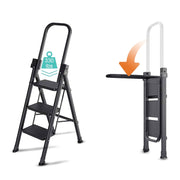 RICHYOUNG 3-Step Folding Ladder with Foldable Extended Handrail, Wide Anti-Slip Pedals, Carbon Steel, Black