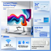 Qehi All-in-One PC, Intel Core i7 Processor, 16GB DDR3 RAM, 256GB SSD, 23.8-Inch Full HD 1080P LED Display, Wi-Fi 6, White, Includes Keyboard and Mouse