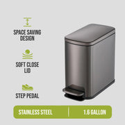 Simpli-Magic Bathroom Trash Can, 1.6 Gallon Stainless Steel Soft-Close Step Pedal, Gunmetal, 79696