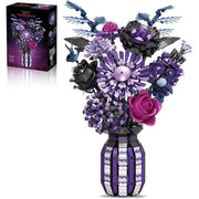 Honchoes Flowers Bouquet Building Set with Vase, 1549 Pieces, Dark Color Palette Black Purple Blue, Durable Plastic, Adult Creative Home Office Decor