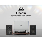 Victor VWRP-1600 Lincoln Turntable, 3-Speed Belt-Driven, Bluetooth Streaming, Dual Detached Speakers, Mahogany Wood Finish, Dust Cover