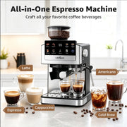 LifeImpree Espresso Machine with Grinder, 20 Bar Pressure, 1550W Fast Heating, Powerful Milk Frother Steam Wand, 30 Grind Settings, Portafilter for Capsules, Silver, CM7207CB
