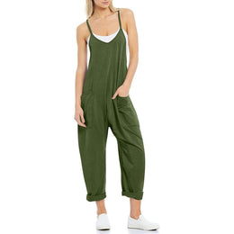 Oversized Maternity Jumpsuit for Women, Wide Leg, Sleeveless, Green, With Pockets