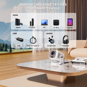 ARTSEA X3 Mini Projector, 1080P Full HD, Dual-Band WiFi 6, Bluetooth 5.4, Electric Focus, Auto Keystone Correction, 180 Adjustable Stand, Portable Home Video Projector, White