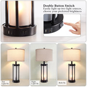 RORIA 24in Modern Table Lamp Set of 2, Black Metal Base, Linen Fabric Shade, Frosted Glass Night Light, Dual USB Charging Ports, Toggle Switch