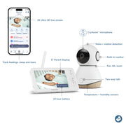 Maxi-Cosi See Pro 360 Video Baby Monitor, 2K Ultra HD, CryAssist AI Cry Translation, Night Vision, Remote Pan Tilt Zoom, 5-Inch Parent Display, Two-Way Talk, Built-In Soother, White