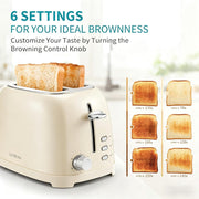 Sun Biomass 2 Slice Toaster with Extra Wide 1.5 in Slots, Retro Stainless Steel, 6 Browning Settings, Cancel Bagel Defrost Functions, Removable Crumb Tray, Cream WT-330C